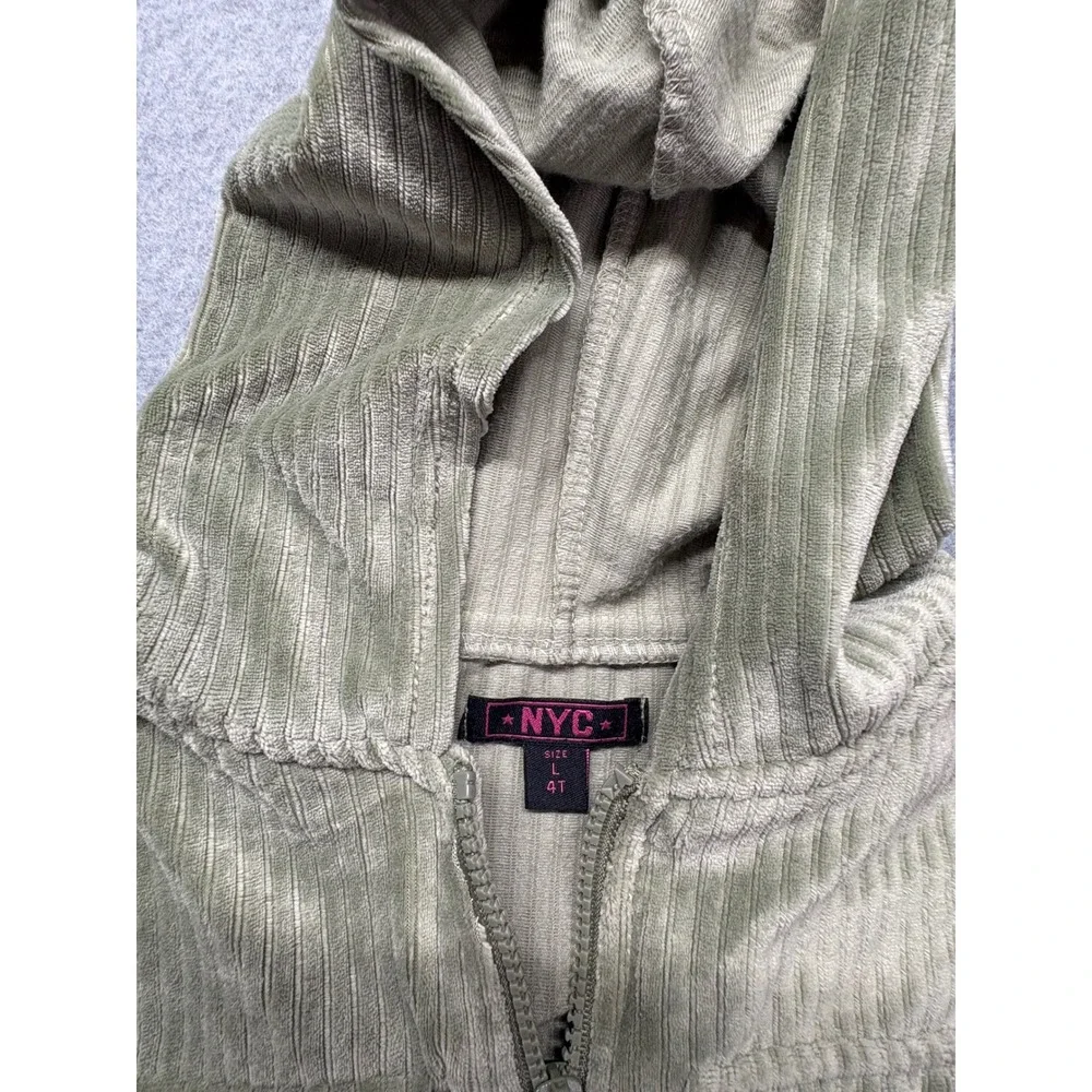 NYC Girls 4T Sage Green Ribbed Velour Tracksuit‎ Zip Hoodie Cargo Joggers Set